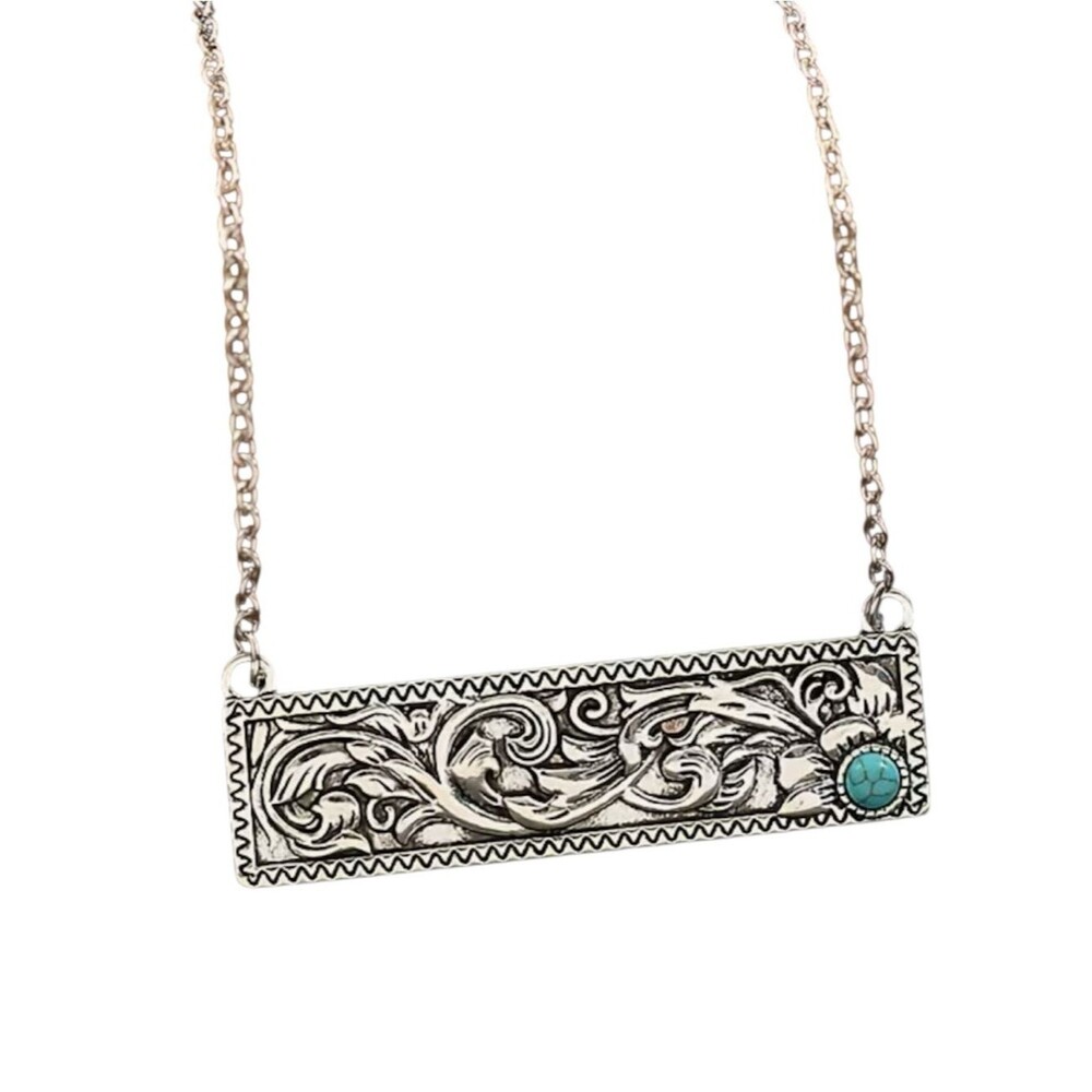 Silver Floral Engraved Bar Necklace with Turquoise Accent